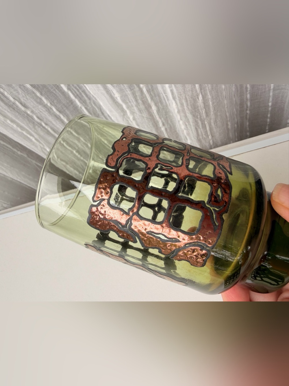 RARE VTG Libbey Signed 2 Green Glass Tumblers Copper Monogram MCM 1970s Barware - Picture 12 of 14